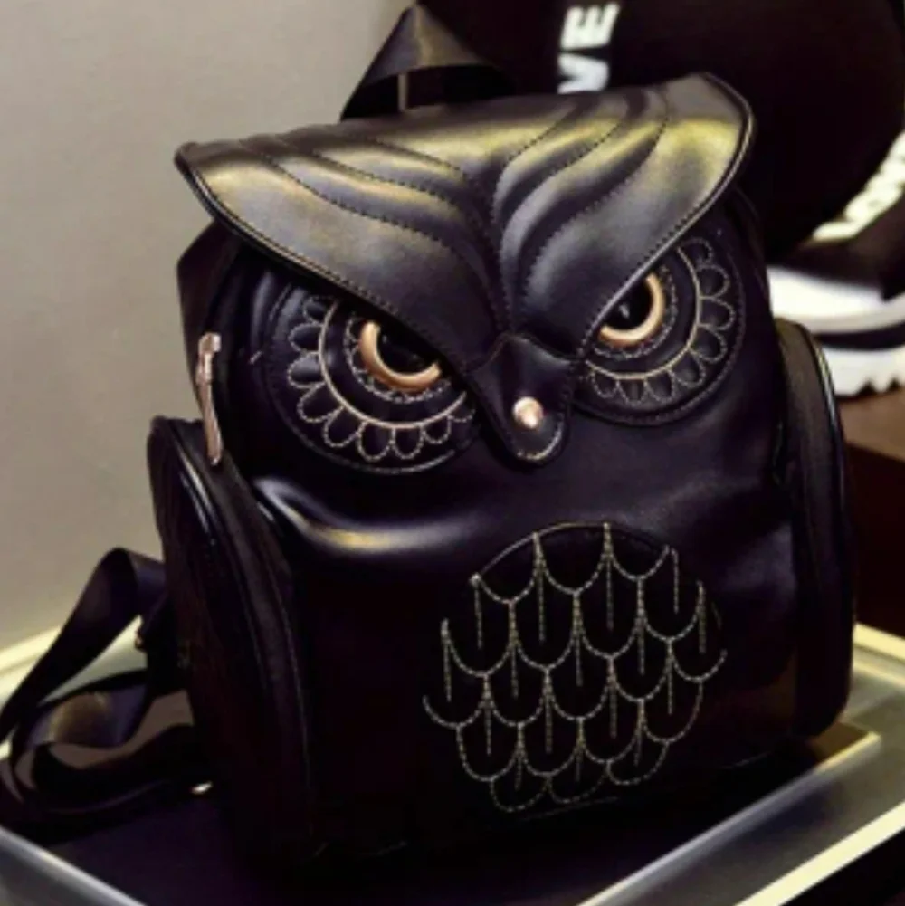 Black Owl-Design Faux Leather Unisex Backpack